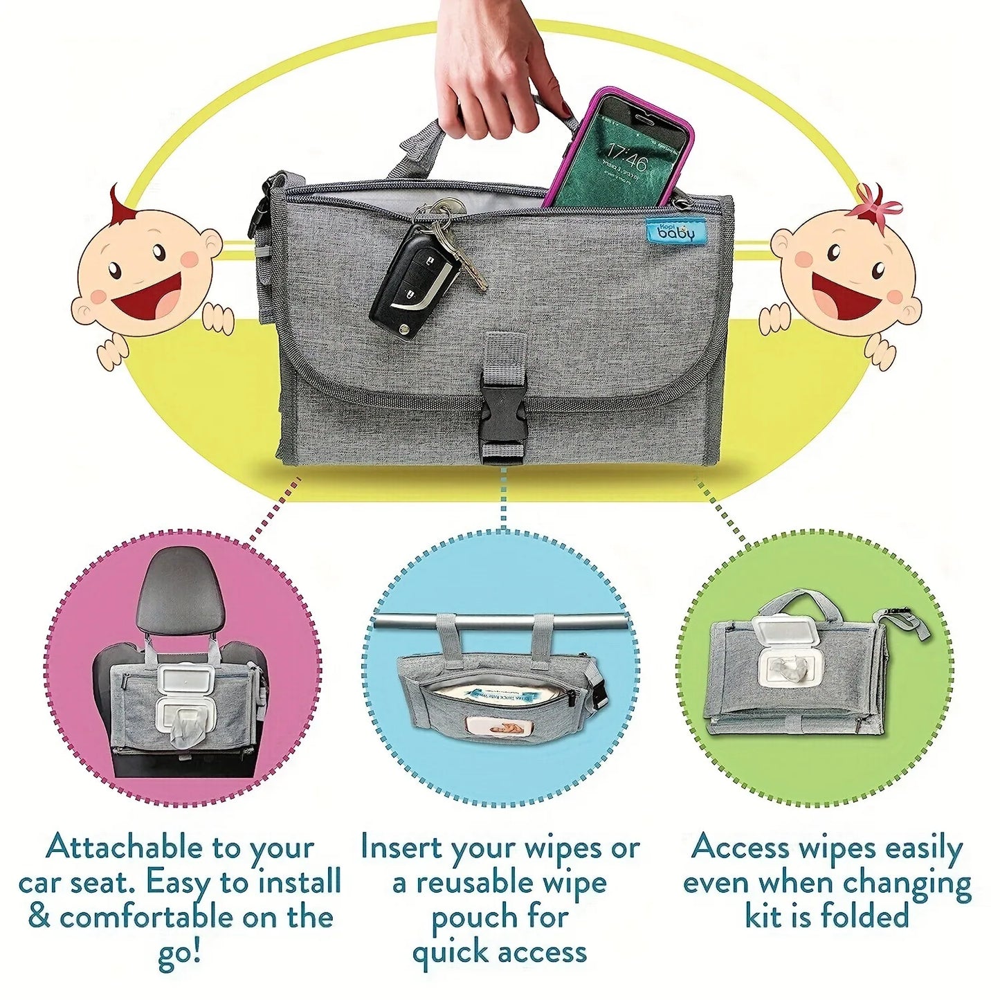 Nappy Change Nomad : Matelas à langer portable avec poche pour lingettes et pochette étanche